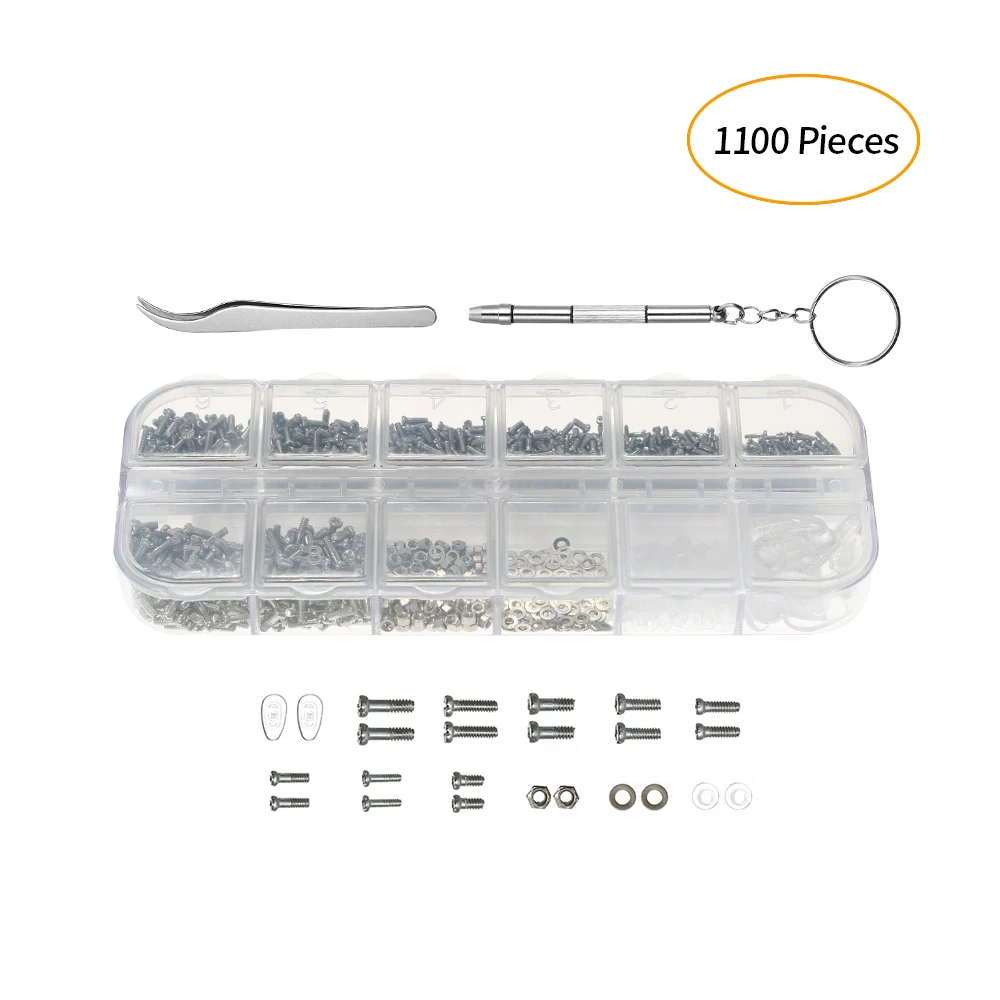 

1100pcs Tool Set Eyeglass Repair hand tools Kit Micro Screws Nuts Washers Assortment Nose Pads Tweezers Screwdriver for Glasses
