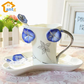 

Enamel porcelain coffee cups and saucers teaspoons of creative gift,Bone China cups Semen Pharbitidis valentine's day gift