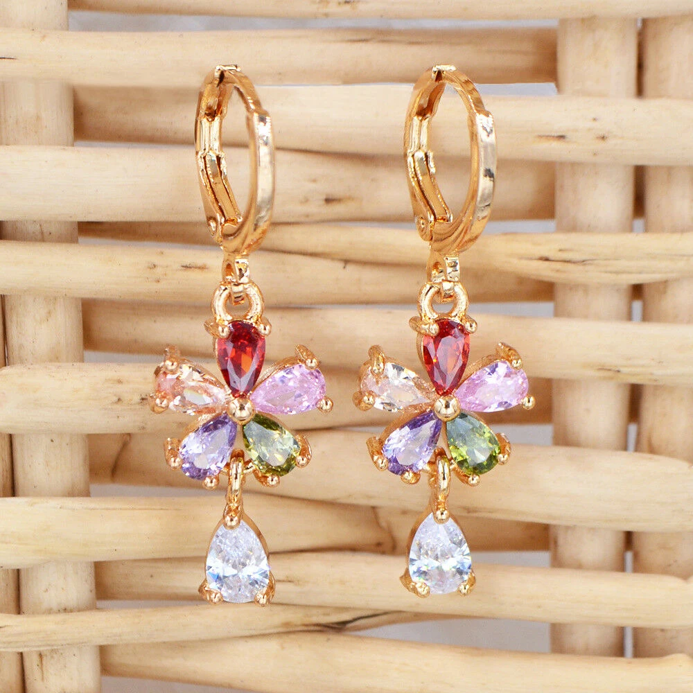 

Fashion Gold Color Multicolor Cubic Zirconia CZ Flower Teardrop Dangle Earrings for Women