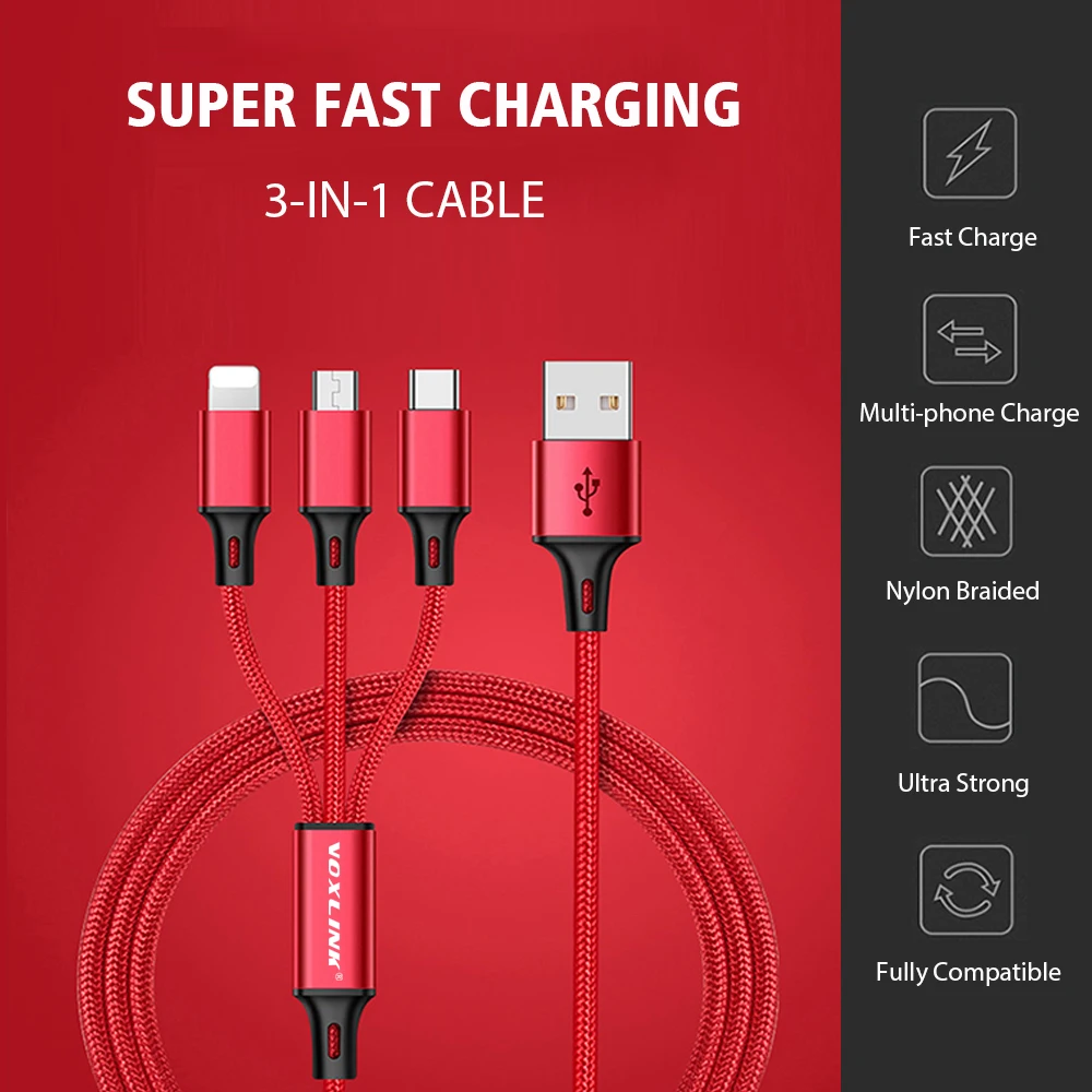 VOXLINK 3 في 1 كابل يو اس بي ل فون XS ماكس XR X 8 7 شحن شاحن المصغّر USB كابل للأندرويد USB TypeC المحمول كابلات الهاتف