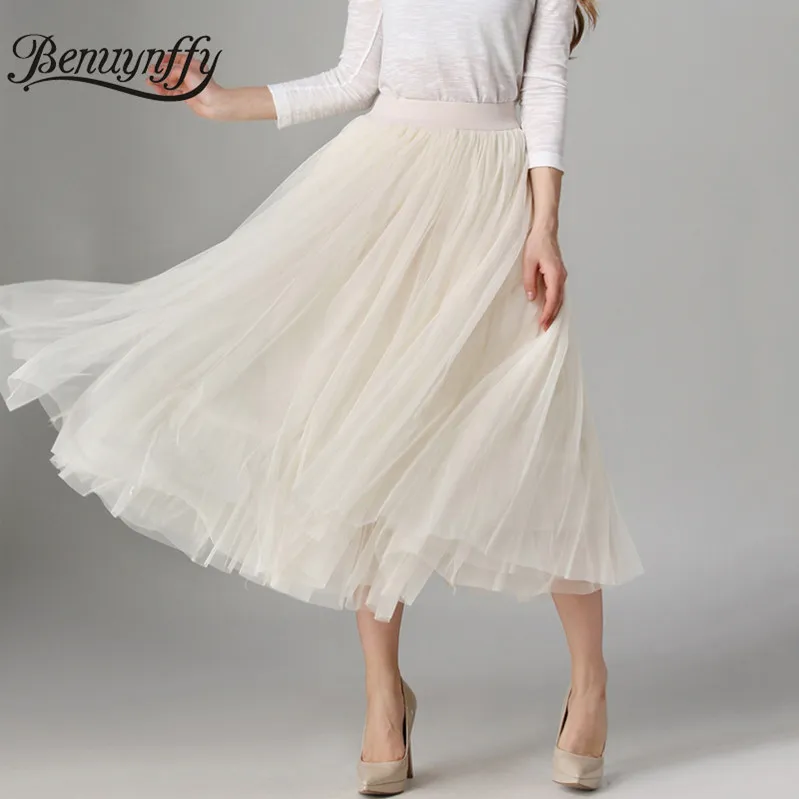 Women Elegant Pleated Maxi Tulle Skirt Big Swing Long High Waist Adult Skirt