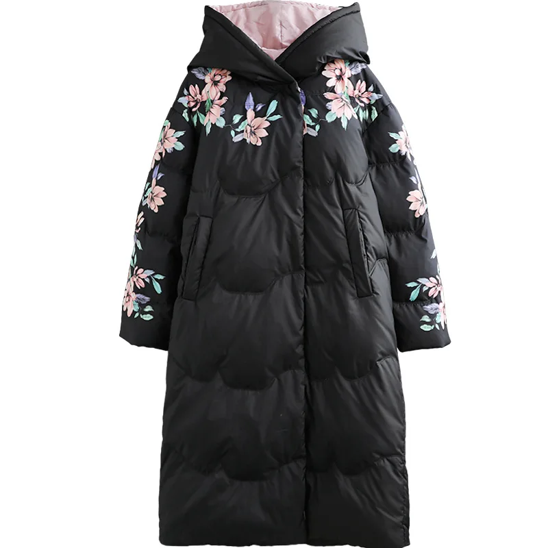 Literary Retro Down Jacket Printing Loose Long Hooded Down Jacket Coat Women Winter White Black Literary Retro Down Jacket Printing Loose Long Hooded Down Jacket Coat Women Winter White Black