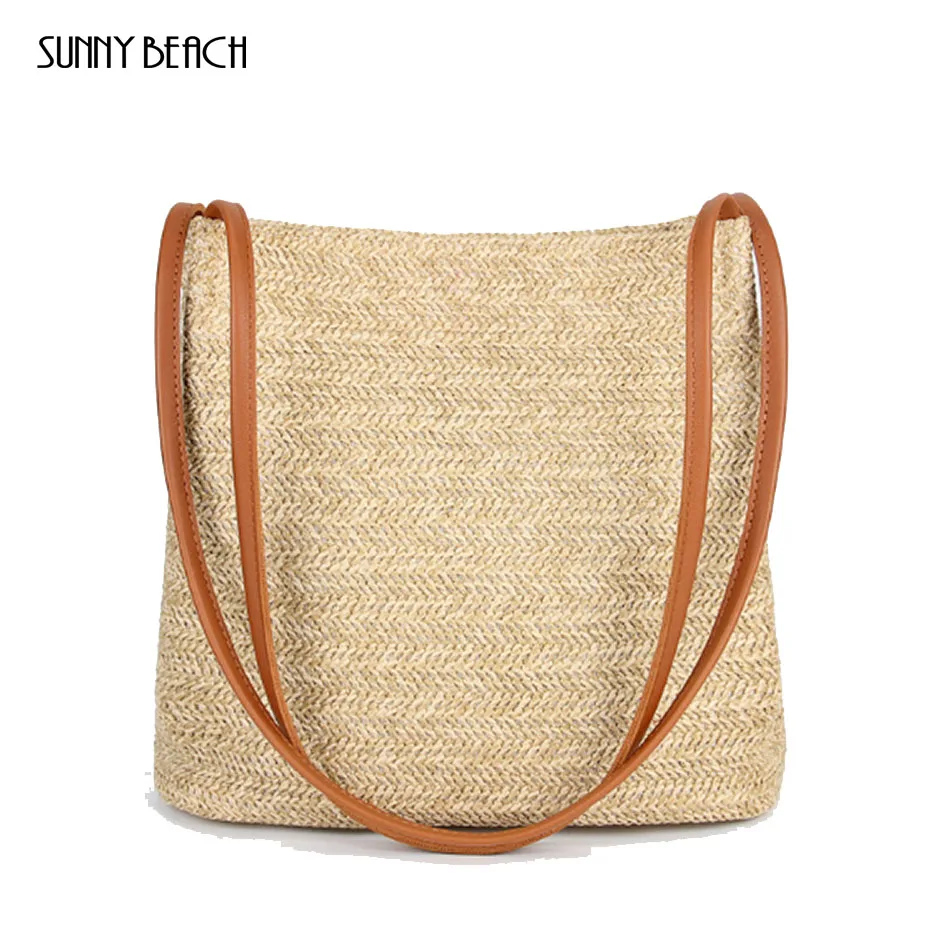 

SUNNY BEACH Women Handbag Summer Beach Bag Rattan Woven Handmade Knitted Straw Large Capacity Totes Leather Women Shoulder Bag