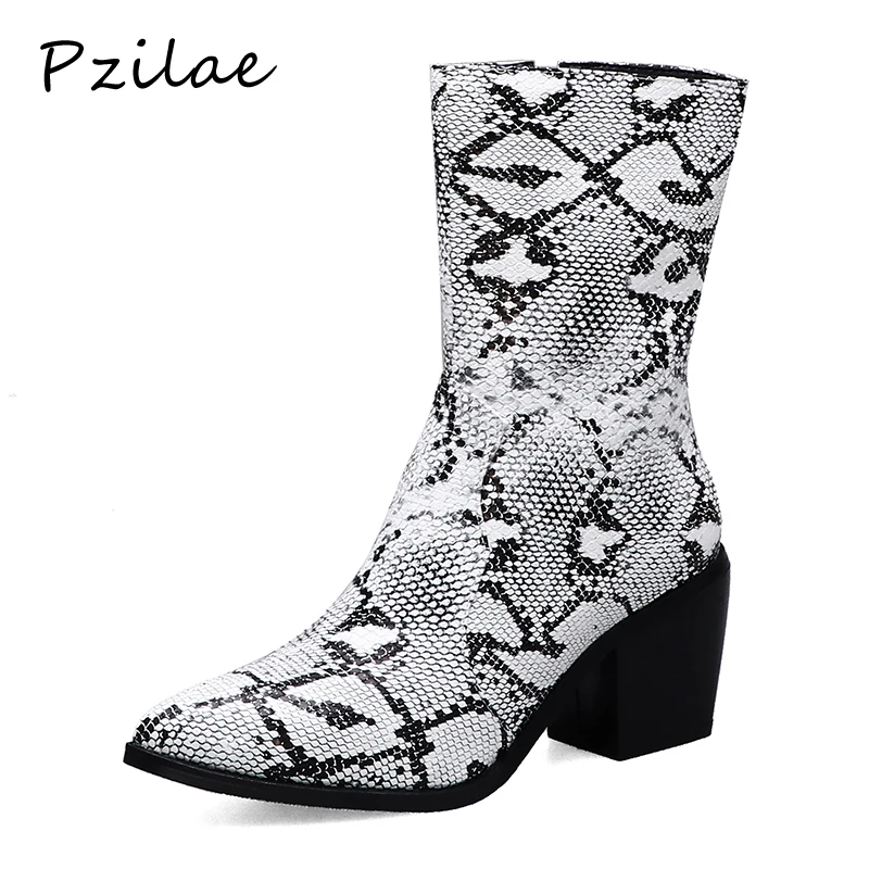 

Pzilae snake print shoes women ankle boots square heel pointed toe sexy ladies boots high heels winter shoes real leather boots