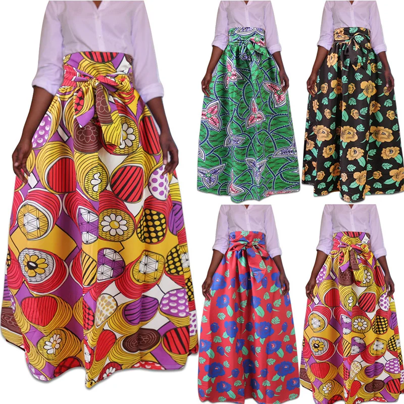 

Womens Wax African Dashiki Kanga Maxi Print Skirt Boho Summer Beach Flare Vintage Floor Length Skirts Large Size For Ladies 2019
