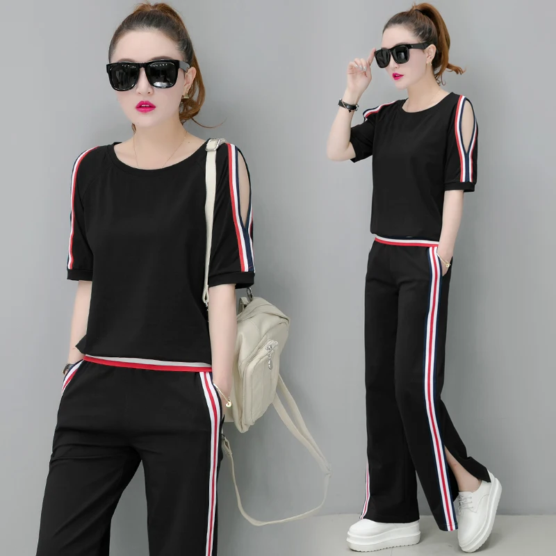 

Black 2 Piece Set Women Plus Size Outfit Striped Tracksuit Sportswear Co-ord Set Off Shoulder Top and Pants 2019 Summer Clothing