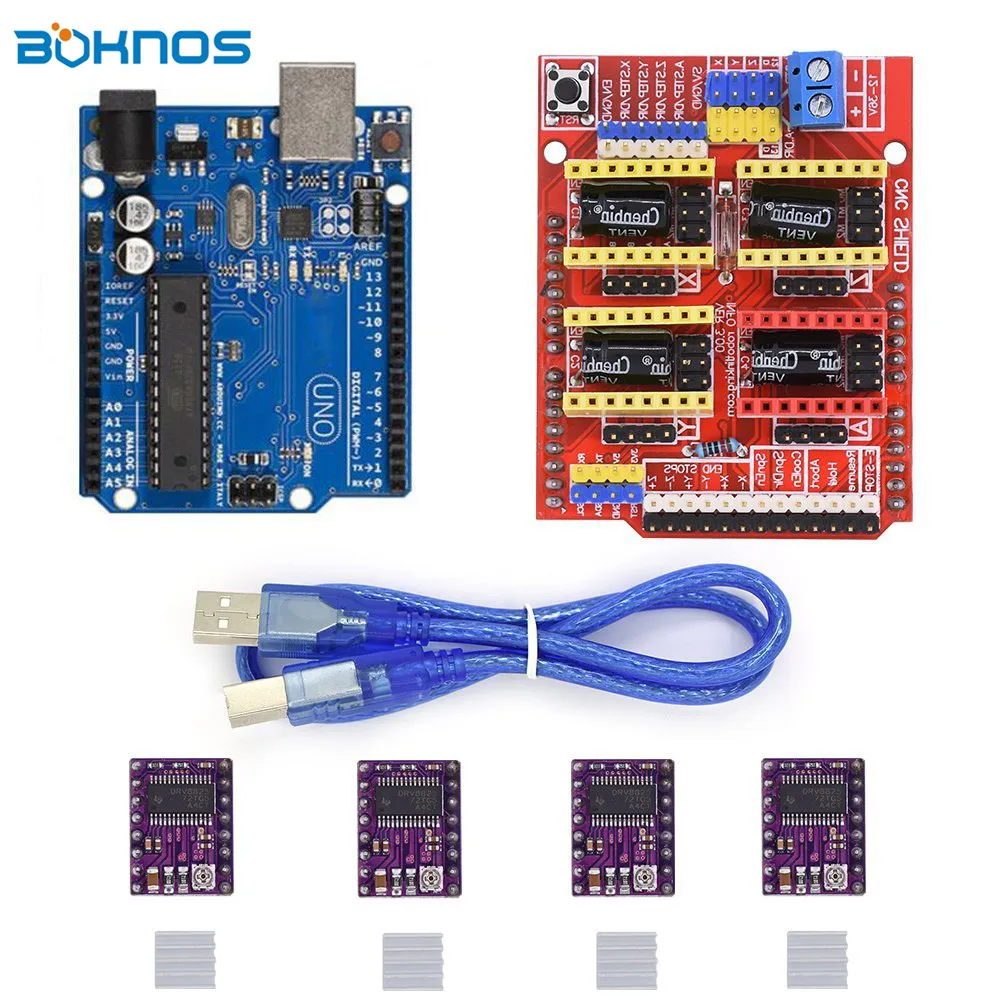 4pcs DRV8825 Stepper Motor Driver Heatsink + CNC Shield Expansion Board + UNO R3 Board USB Cable Kits for Arduino V3 3D Printer 4pcs DRV8825 Stepper Motor Driver Heatsink + CNC Shield Expansion Board + UNO R3 Board USB Cable Kits for Arduino V3 3D Printer