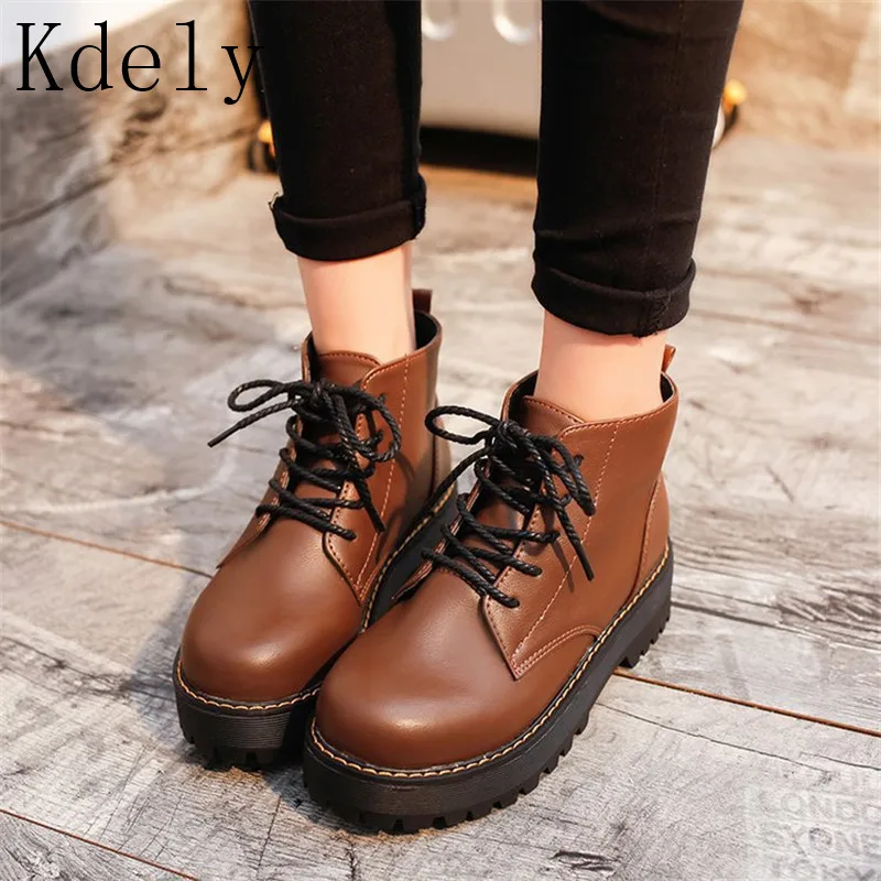 

Ankle Boots Round toe Women Boots Lace Up Flat Biker Military Army Combat Black Shoes Woman botas mujer Martin motorcycle boot