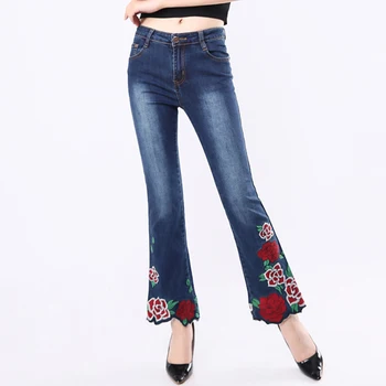 

FERZIGE Brand Pants Female 2019 Beautiful Embroidery Flower High Waist Jeans Women Sweet Skinny Flare Pants Blue Plus Size 36