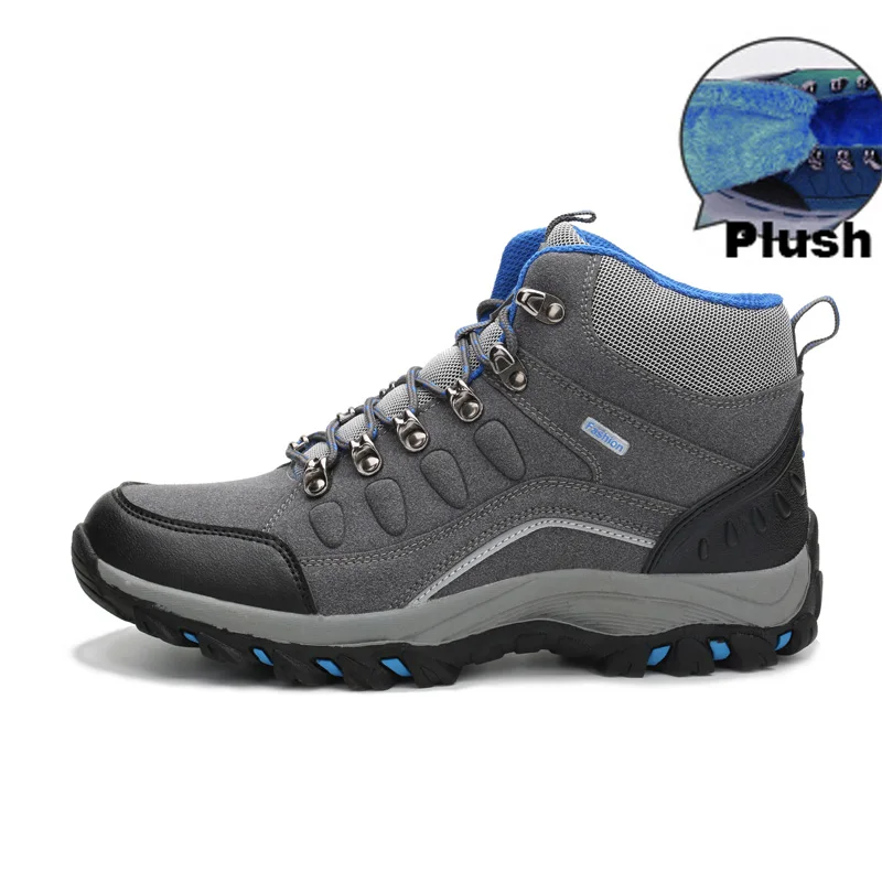 Пара походных ботинок для мужчин и женщин; водонепроницаемые походные ботинки; теплые ботинки с высоким берцем для альпинизма; походная обувь; обувь для охоты - Цвет: Gray with plush