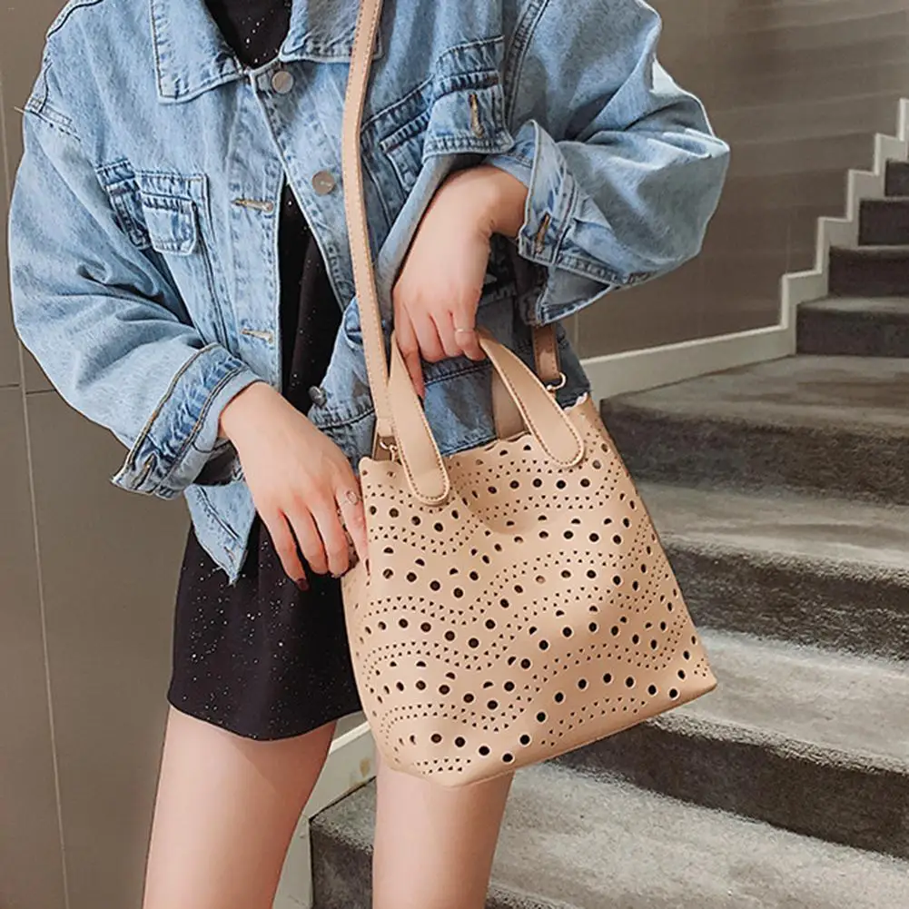 

Fashion Elegant PU Hollow Out Sling Shoulder Bag Korean Style Handbag Tote Bucket Hand Bags For Women Beach Messenger Bag Totes