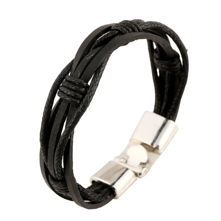 

Hand Braided Multilayer Genuine Leather Wrap Bracelet Black Color Fashion Antique Mens Braclet Wristband Hand Jewelry