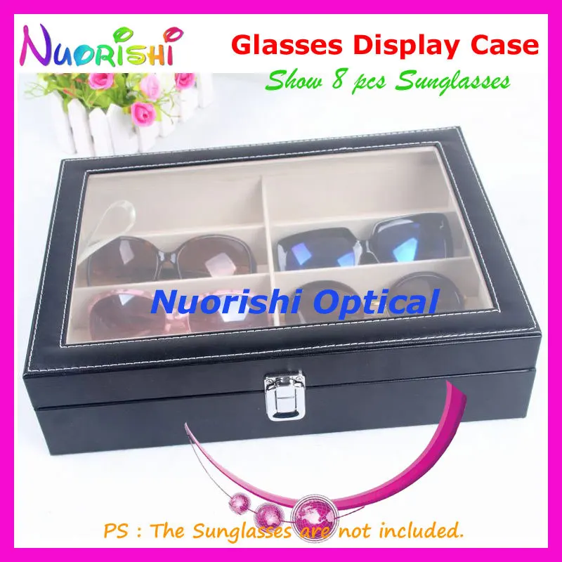 Holding 8pcs Eyewear Sunglass Eyeglass Glasses Black Leather Display Sample Case Box With Clear
