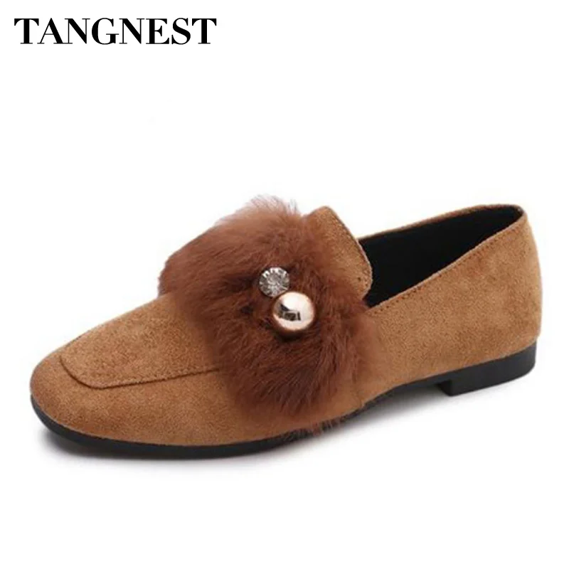 

Tangnest NEW Flock Leather Women Ballet Flats 2018 Square Toe Metal Ball Slip-on Leisure Shoes Soft Faux Fur Flat Shoes XWD6130