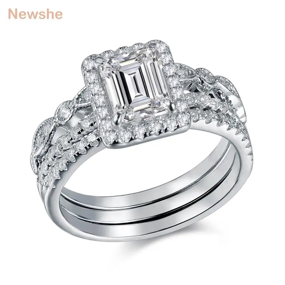 

Newshe 3 Pcs Wedding Ring Set Trendy Jewelry 2 Ct Princess Cut AAA CZ Solid 925 Sterling Silver Engagement Rings For Women