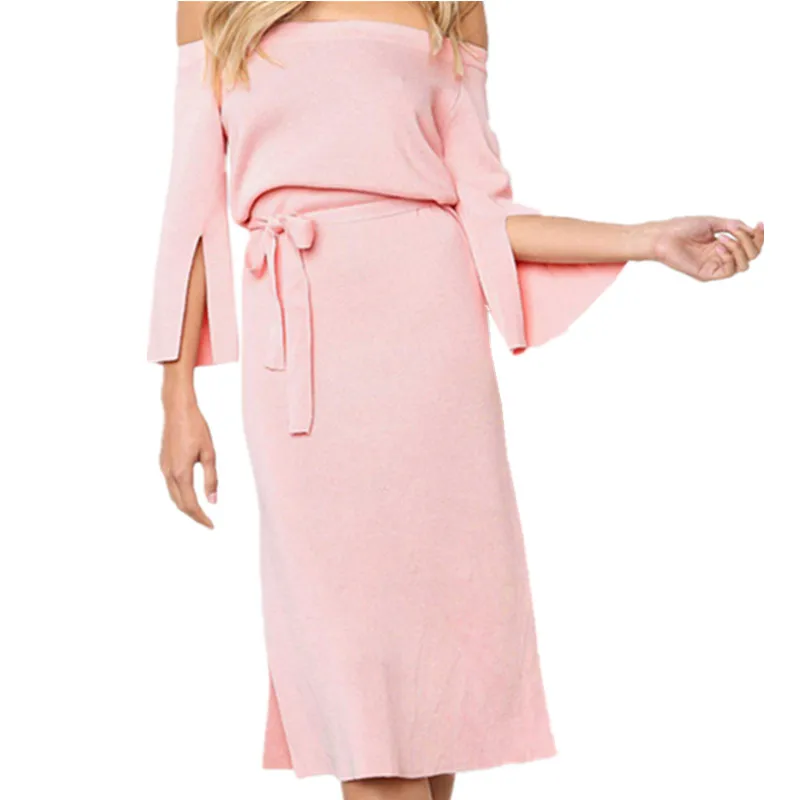 

Knitting Off Shoulder Solid Dress Sexy Long Sleeve Slash Neck Sashes Belt Split Autumn Winter Warm Dresses Women Sweater Dress