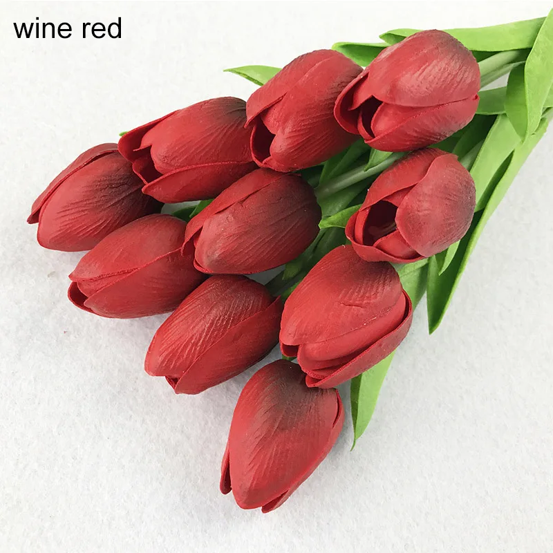 wine red 10 шт. тюльпаны Искусственные цветы Настоящее прикосновение PU искусственное украшение букет Тюльпан для дома свадебное украшение цветок - Цвет: wine red
