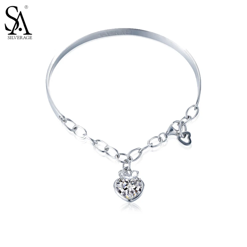 

SA SILVERAGE 925 Silver Bangles With Heart Charm Chain Bracelet For Women Real Silver S925 Jewelry 2018 Party Gift