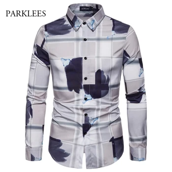 

Stylish Plaid Shirt Men Creative Splash Ink Print Mens Dress Shirts 2019 Brand New Slim Fit Camisa Masculina Chemise Homme