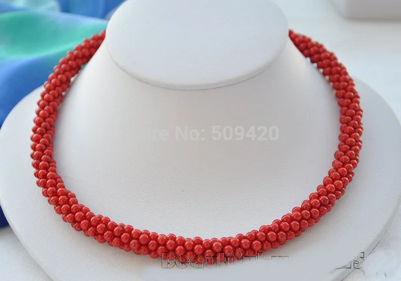 

W&O655 >>4MM round red coral Hand-woven necklace 18inch #@