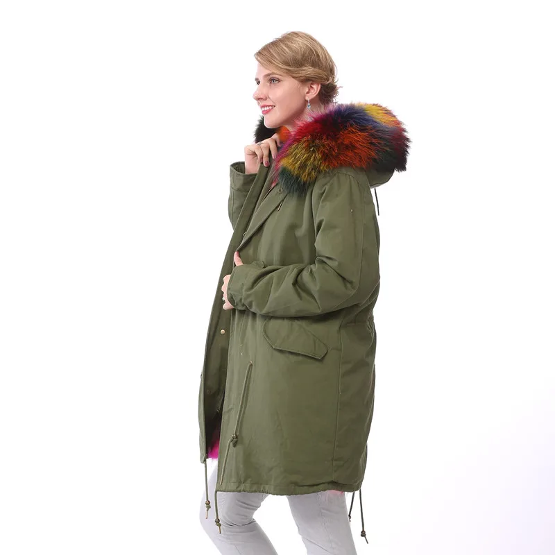 Femmes Capuchon Grande Long Laveur Bleu De Réel À noir Chaud Épais Amovible D'hiver Fourrure vert Raton Doublure Collier Manteau Parkas YPq5n