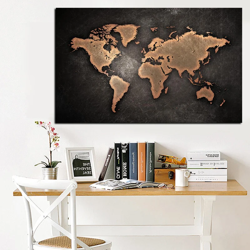 Abstract 3D World Map Canvas Painting Classical Black World Map Print On Canvas for Office Room Picture Wall Art Cuadros Decor (2)