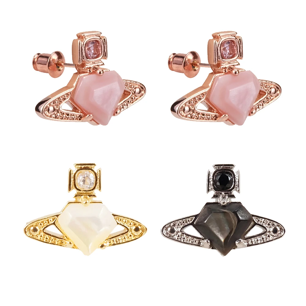 

XIAOJINGLING Fashion Women Girl's Gold Pink Black Saturn Earrings Crystal Rhinestone Shell Planet Ear Studs 1Pair Jewelry Gift