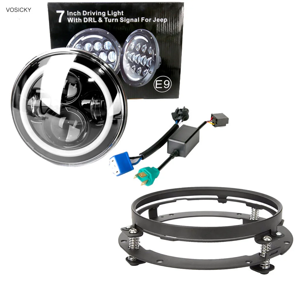 

7'' LED Headlight H4 Hi-Lo beam Daymaker halo DRL Turn Signal Lights with 7 inch headlight bracket ring support For harley