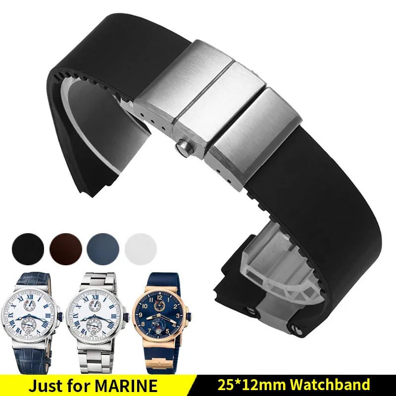 Vente Imperméable à l eau Bracelet En Caoutchouc En Acier Boucle En Silicone Bracelet de Montre pour Ulysse Nardin 263 MARINE 1183 JOINT bleu 25x12mm + Outils