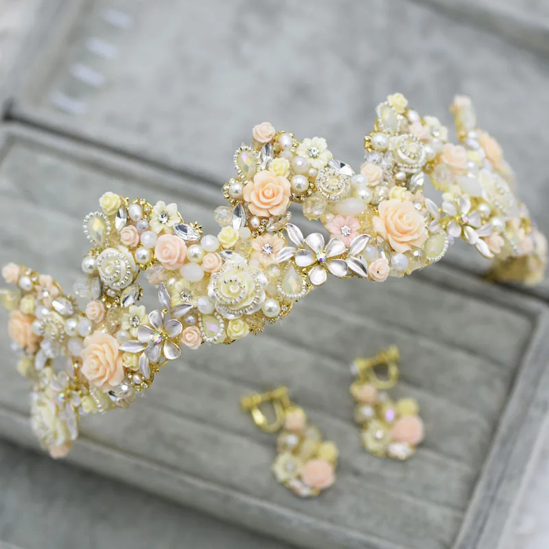 High Quality Vintage Ceramic Flower Pearls Rhinestone Crystal Wedding Crown Set Wedding Hair Accessories