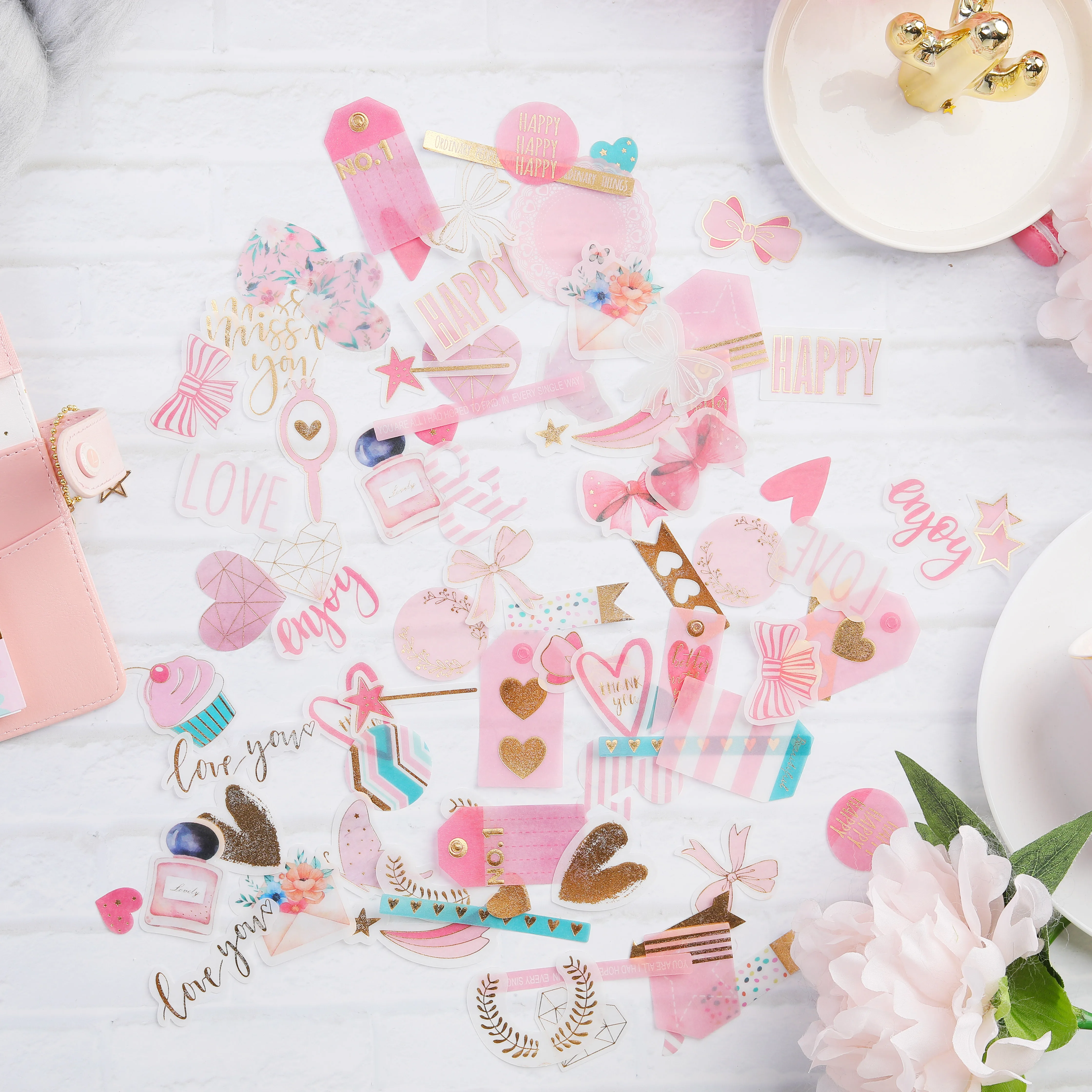 

90pc/pack Bronzing Kawaii things lovely bow Perfume bottle Decorative Translucent Stickers DIY Scrapbooking Label Diary Stickers