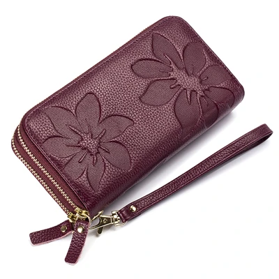 Длинный женский кошелек из натуральной кожи с двойной молнией, кошелек для монет с Цветочным Тиснением, женский кошелек, держатель для карт, клатч DC156 - Цвет: Фиолетовый