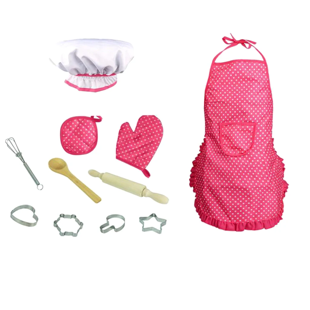 11pcs Kitchen Cooking Set Chef Apron Cap Glove Props, Whisk Cake Molds Tools Kit Toy Kids Development Educational Pretend Play