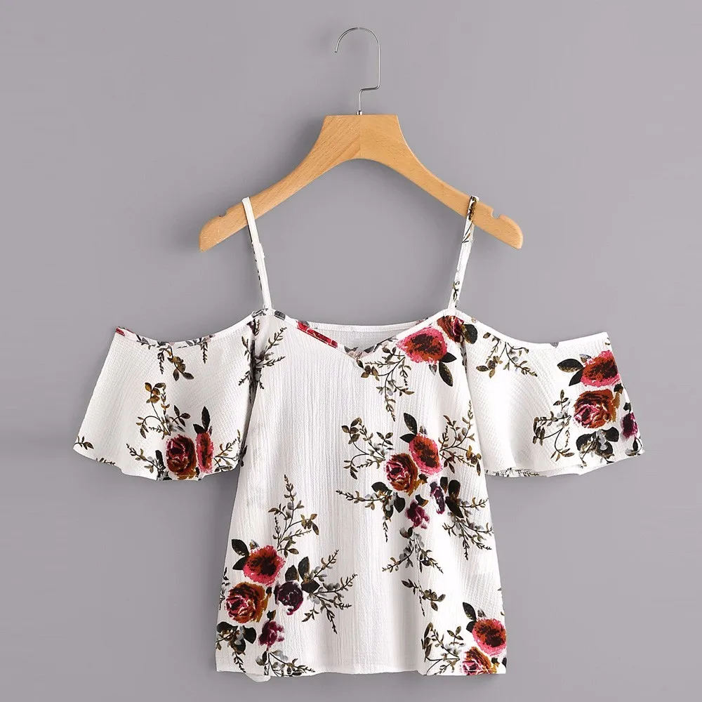

fashion Women Summer Printed Blouse Cold Shoulder Top gift for lovers 6.12