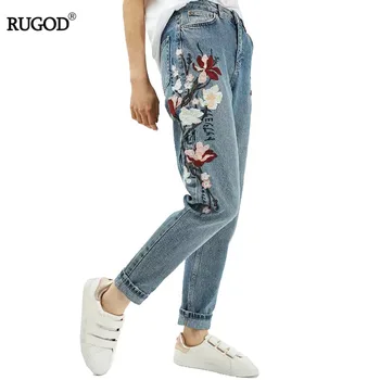 

New 2017 Spring Casual Women Jeans High Waist Loose Straight Light Washed Blue Retro Flower Embroidery Jeans Denim Pants
