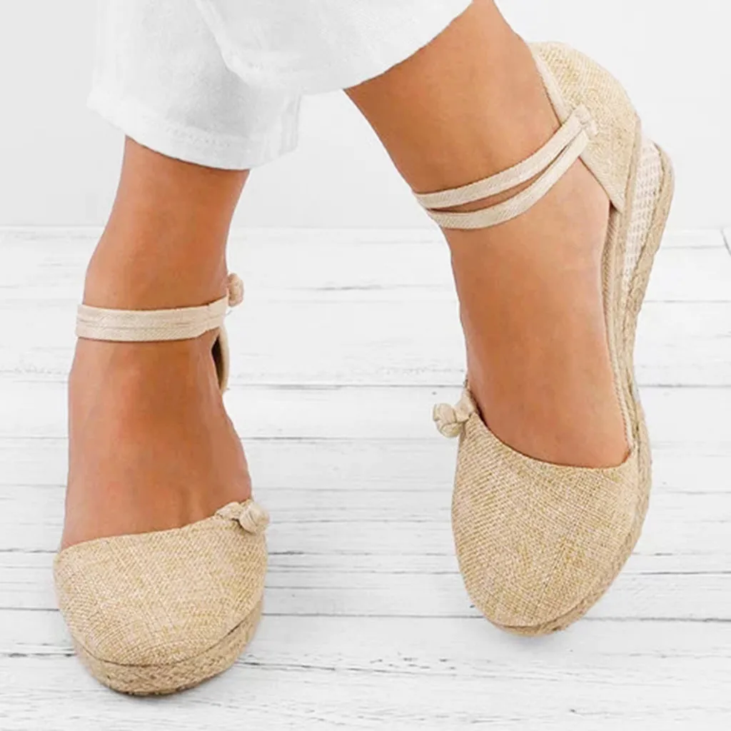 

Women sandal Linen Canvas Wedge Round Toe Casual Ankle-Wrap platform Sandals Singles Retro Loafers Shoes chaussures femmes