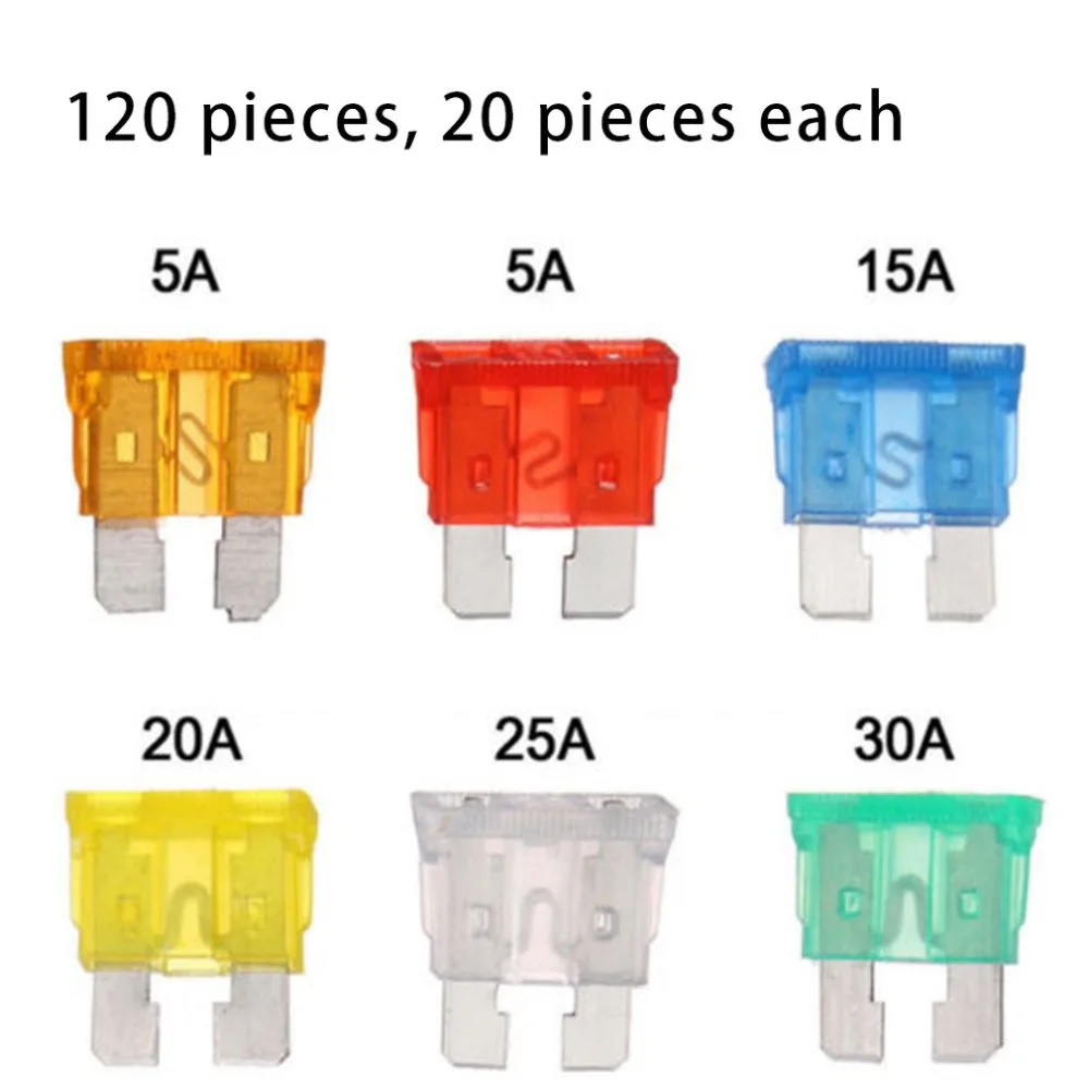 120Pcs/Box Mini Auto Blade Fuses Assorted Car Van Bike Fuse Set 5 10 15 20 25 30 A Plastic Box