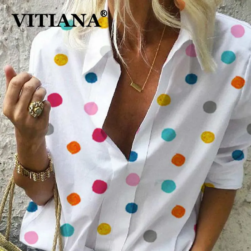 

VITIANA Women Casual Blouse Plus Size 5XL Summer 2019 Female Long Sleeve Dot Colorful Streetwear Womens Tops and Blouses Ladies