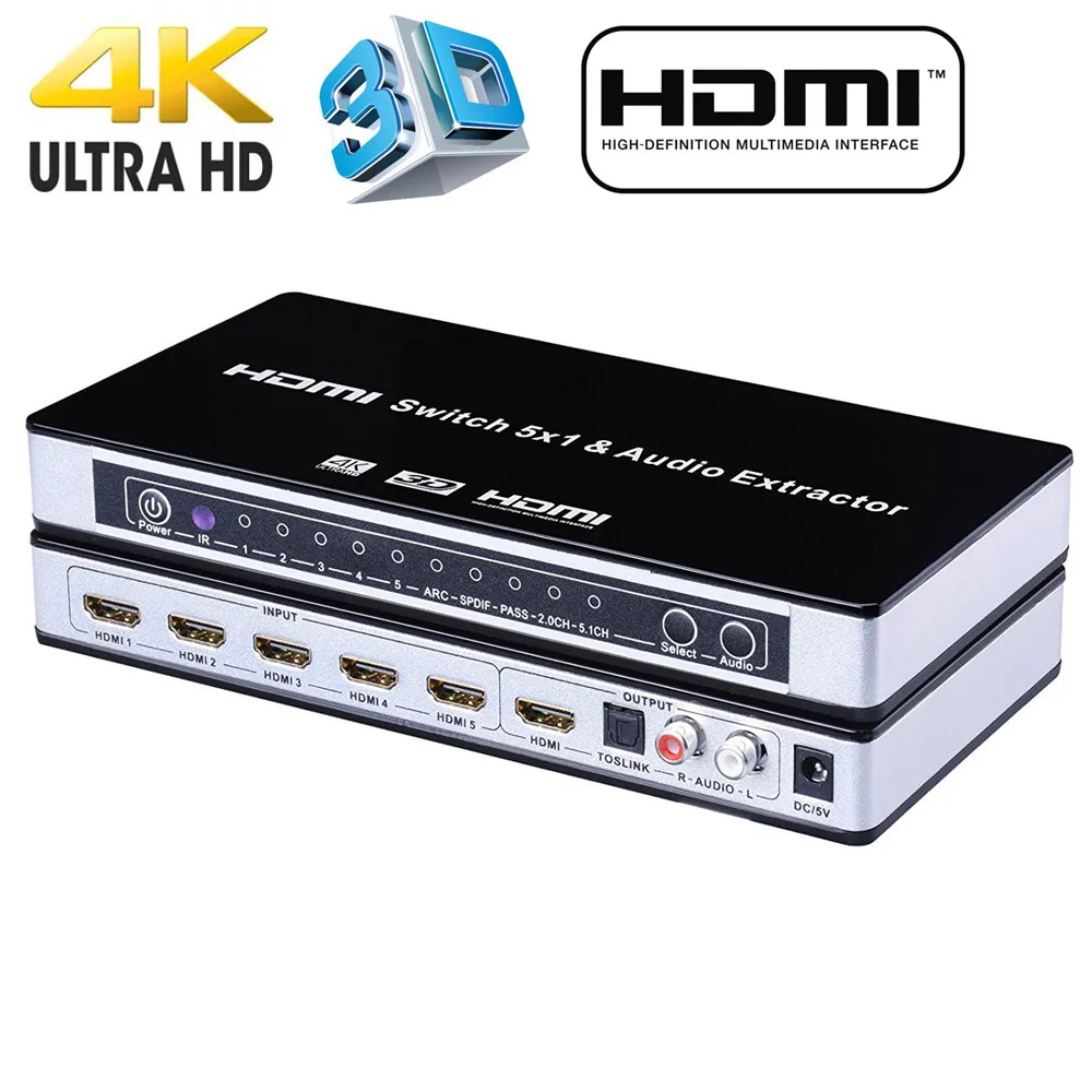 

2019 HDMI Switch Switcher 5x1 HDMI Audio Extractor 4Kx2K 3D ARC Audio EDID Setting HDMI 1.4v HDMI Switch Remote For PS4 Apple TV
