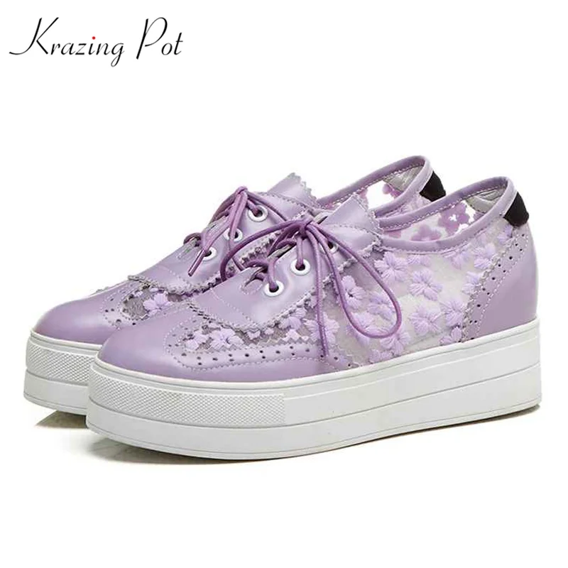

Krazing Pot cow leather embroider flowers lace up purple med heels platform vulcanized hollow carved air mesh wedges shoes L15