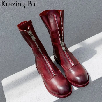 

2018 Brand Winter Shoes Cow Leather Zipper Motorcycle Boots Thick Heels Streetwear Retro Office Lady Women Mid-calf Boots L51