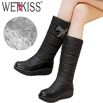 

WETKISS Big Size Snow Boots Women Platform Boot Mid Calf Crystal Footwear Cleated Fashion Walkable Winter Ladies Shoes Wolesale