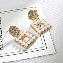 Изысканные круглые геометрические висячие серьги с искусственным жемчугом, квадратные серьги-подвески для девушек, Свадебные вечерние ювелирные изделия для невесты