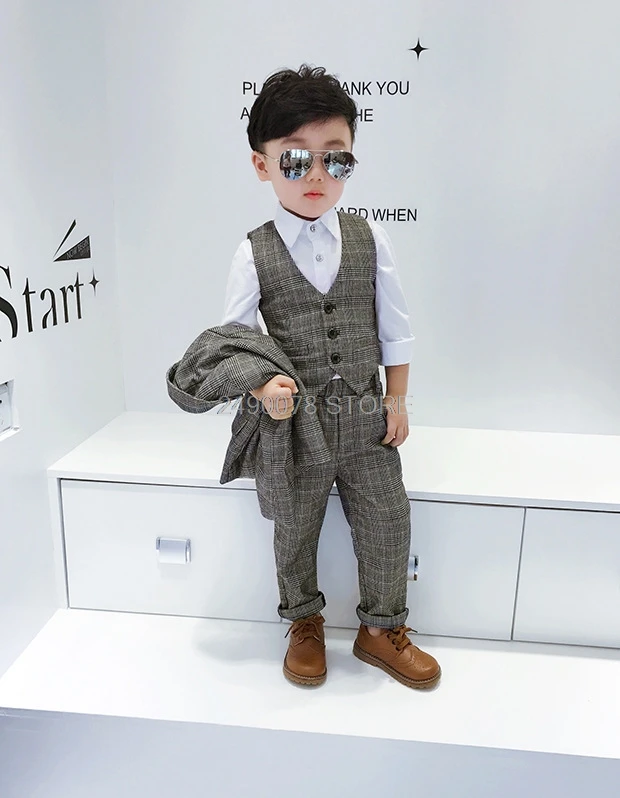 New Design Kids Plaid Wedding Blazer Suit Brand Flower Boys Formal Tuxedos School Suit Kids Spring Clothing Set