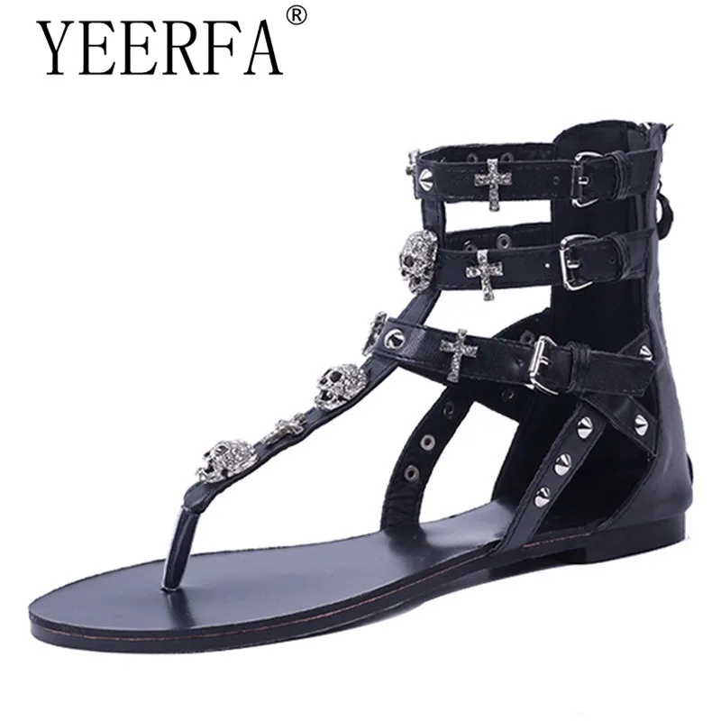 

YEERFA Woman fashion thong sandals Rhinestone Crosses Skull Rome flip flops women flats for women flat slippers ladies EUR35-40