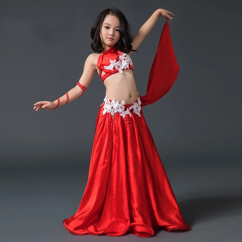Rhinestone Beading flower Lace Belly dance Bra Placketing long Skirt 2pcs set for little girl