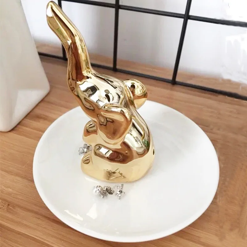 

Ceramic Golden Elephant Antlers Home Decorative Accessories Elegant Bedroom Jewelry Storage Holder Figurines Girl Friend Gift