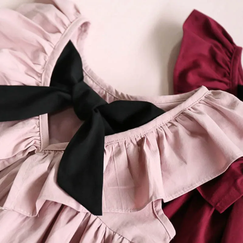 Dusty Rose Baby Girl Dress Ruffle Collar Children Clothes Backless Kids Clothes Summer Girls Dress with Bow  (7)