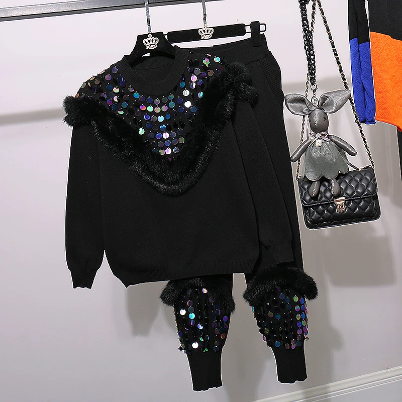 

2018 Autumn Winter New Female Fashion Sequined Sweater + Knitted Harun Pants Womens Trousers Two Piece Sets Casual Knit Suit