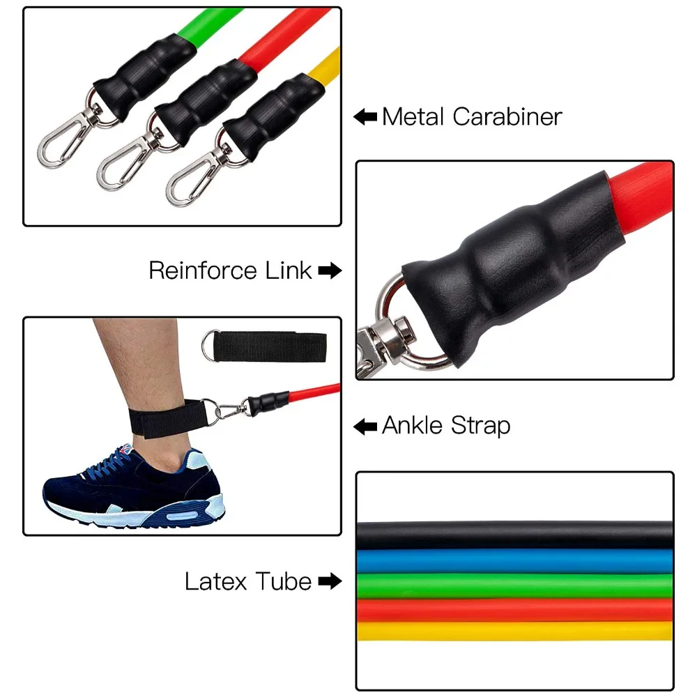 11 Pcs Resistance Band Set  Gym Strength Training Rubber Loops Band Workout Fintess Exercise Bands Door Anchor Ankle Strap